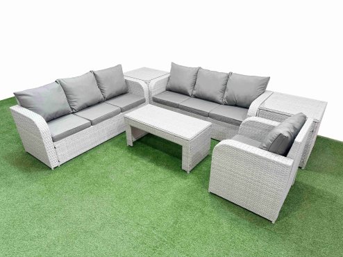 Fimous 7 Seater Poly Rattan Outdoor Garden Furniture Oblong Coffee Table Sofa Set Patio 3 Seater Sofa Reclining Chair 3 Seater Sofa 2 Side Table Light Grey