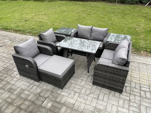 Fimous Wicker PE Rattan Garden Dining Set Outdoor Furniture Sofa with Rectangular Dining Table 2 Side Tables Big Footstool Dark Grey Mixed