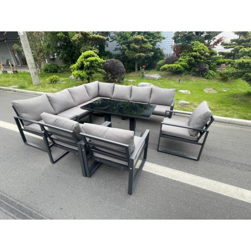 Fimous Aluminum Outdoor Garden Furniture Corner Sofa 3 Arm Chair Adjustable Rising Lifting Dining Table Set Dark Grey 10 Seater