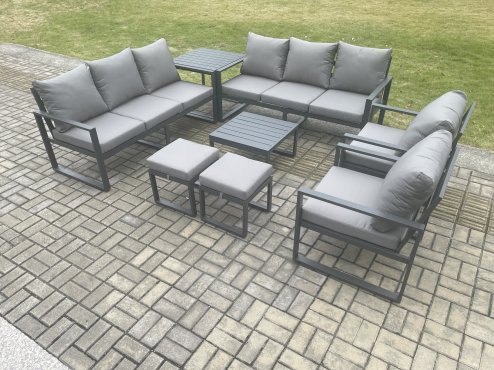 Fimous Aluminium Patio Outdoor Garden Furniture Lounge Sofa Set with Square Coffee Table 2 Chairs Side Table 2 Small Footstool Dark Grey