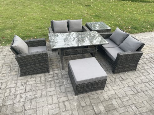 Fimous 6 Seater Wicker Rattan Garden Dining Set Outdoor Furniture Sofa with Dining Table Double Seat Sofa Big Footstool Side Table Dark Grey Mixed