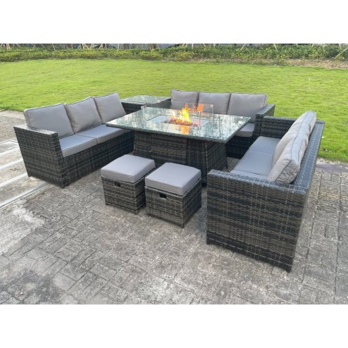 Fimous Outdoor Rattan Garden Furniture Gas Fire Pit Dining Table Gas Heater Sets Side Table Small Footstools Dark Mixed Grey 11 Seater