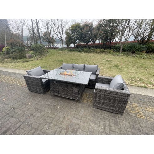 Fimous 5 Seater Outdoor PE Rattan Garden Furniture Gas Fire Pit Dining Table Lounge Sofa 2 PC Armchairs Dark Grey Mixed Patio