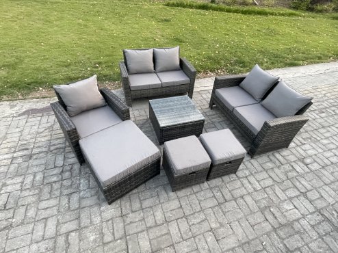 Fimous 8 Seater Outdoor Rattan Garden Furniture Set Conservatory Patio Sofa Coffee Table Set with Chair 3 Footstools Dark Grey Mixed