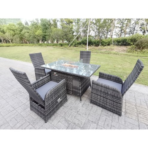Fimous Rattan Garden Furniture Gas Fire Pit Rectangle Oblong Dining Table And Chairs 4 Seater Plus Rectangular Table