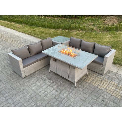 Fimous Light Grey Corner Rattan Fire Pit Garden Furniture Set Gas Heater Burner Lounge Sofa Dining Table With Side Coffee Table