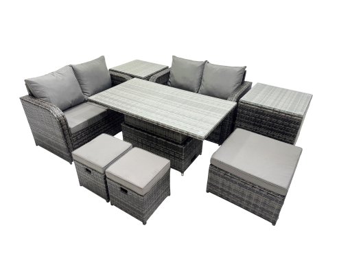 Fimous 7-seater Patio Height Adjustable Rising Lifting Table Sofa Sets Rattan Garden Furniture Dining Set with 2 Side Table 3 Stools Dark Grey Mixed