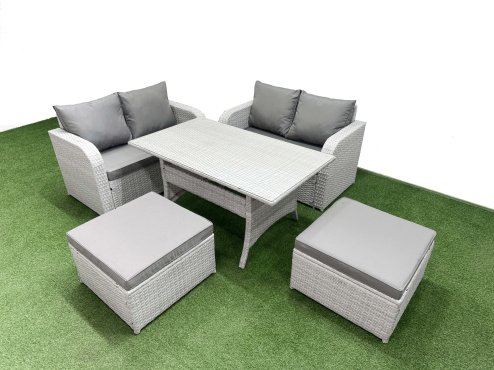 Fimous 6 Seater Outdoor Love Sofa Set Rattan Garden Furniture Set with Rectangular Dining Table 2 Footstool Light Grey