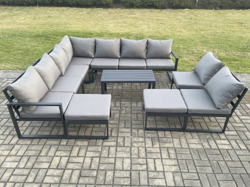 Fimous Aluminium 11 Seater Patio Outdoor Garden Furniture Lounge Corner Sofa Set with Oblong Coffee Table with 2 Big Footstools Dark Grey