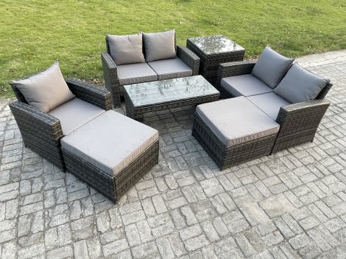 Fimous 7 Seater Outdoor Rattan Patio Furniture Set Garden Lounge Sofa Set with Side Table 2 Big Footstool Coffee Table Dark Grey Mixed