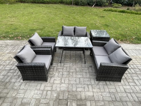 Fimous Rattan Garden Furniture Set 6 Seater Patio Outdoor Lounge Sofa Set with Rectangular Dining Table Love Seat Sofa Side Table Dark Grey Mixed