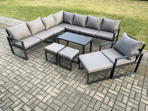 Fimous Aluminium Outdoor Garden Furniture Set Lounge Corner Sofa Oblong Coffee Table Chair Sets with 3 Footstools Dark Grey