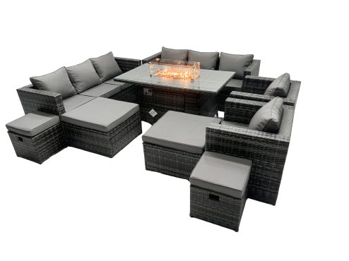 Fimous Rattan Garden Furniture Firepit Dining Set 12 Seater Lounge Sofa Table Set with 2 big Footstool