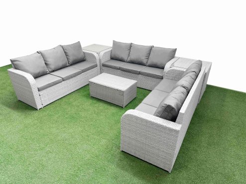 Fimous PE Rattan Lounge Sofa Set 9 Seater Outdoor Garden Furniture Set with Rectangular Coffee Table 3 Seater Sofa 2 Side Table Light Grey