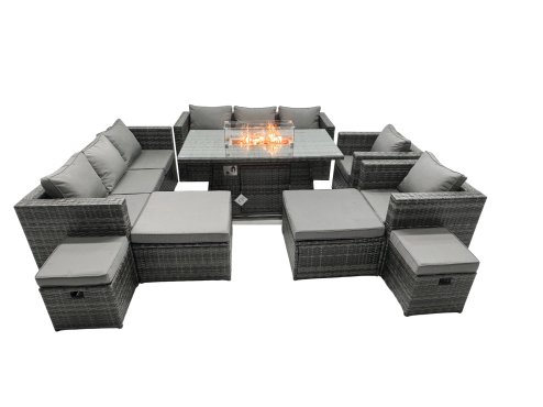 Fimous Rattan Garden Furniture Firepit Dining Set 12 Seater Lounge Sofa Table Set with 2 big Footstool