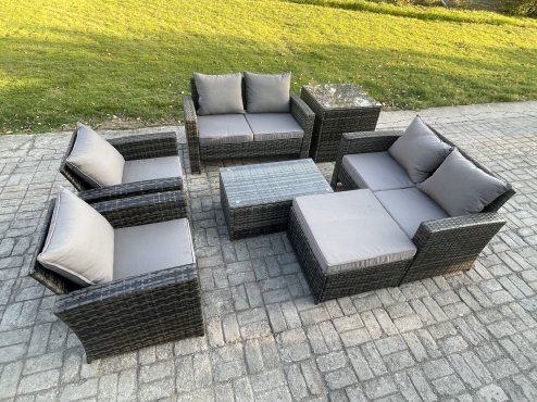 Fimous Garden Furniture Sets 7 Pieces Outdoor Rattan Furniture Manual Wicker Patio Sofa Chair Set with Coffee Table Big Footstool Side Table Dark Grey Mixed