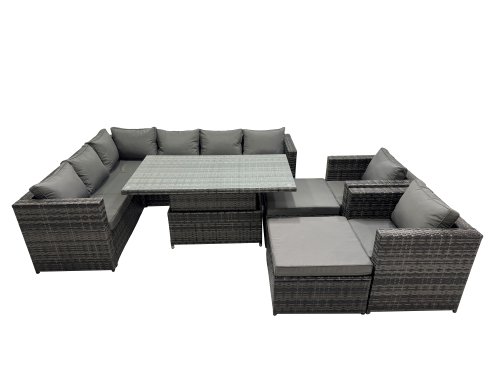 Fimous 10-seater Height Adjustable Rising Lifting Table Corner Sofa Set Rattan Garden Furniture Dining Set with 2 Big Stools Dark Grey Mixed