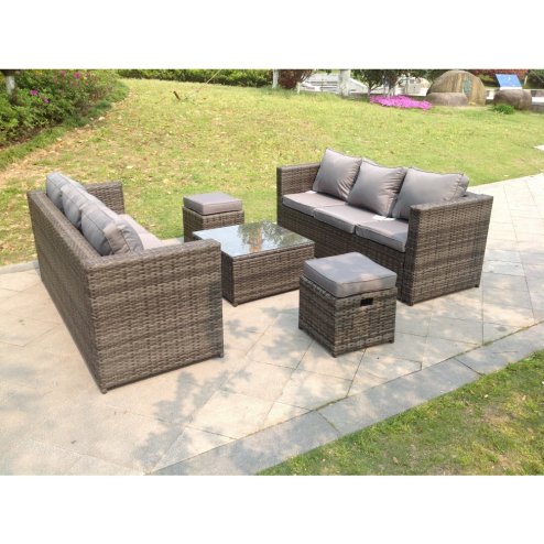 Fimous Dark Grey Rattan Garden Outdoor Sofa Set Square Coffee Table Small Footstools 8 Seater