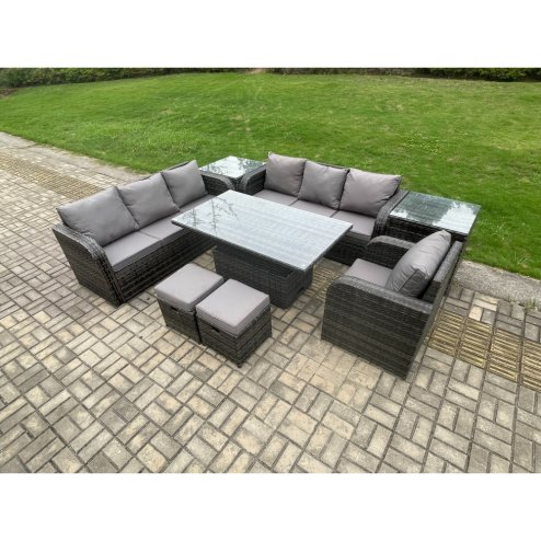 Fimous PE Rattan Outdoor Garden Furniture Sets Height Adjustable Rising lifting Dining Table Sofa Set with 2 Side Tables Reclining Chair 2 Small Footstools