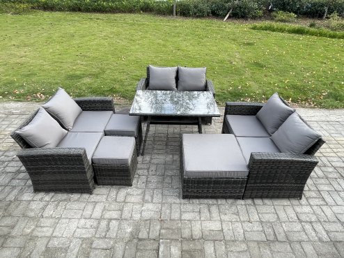 Fimous Outdoor Lounge Sofa Set Wicker PE Rattan Garden Furniture Set with Rectangular Dining Table 2 Seat Sofa 3 Footstools Dark Grey Mixed