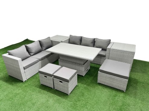 Fimous 8 PCs Rising Dining Table Set Rattan Furniture Set with 3 Seater Sofa 3 Footstools 2 Side Tables Light Grey