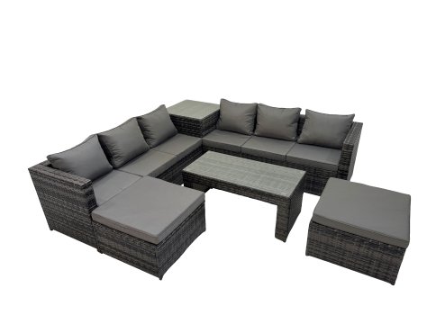 Fimous Garden Rattan Outdoor Furniture Set 8 Seater Patio Corner Sofa Oblong Coffee Table with 2 Big Stool Side Table Dark Grey