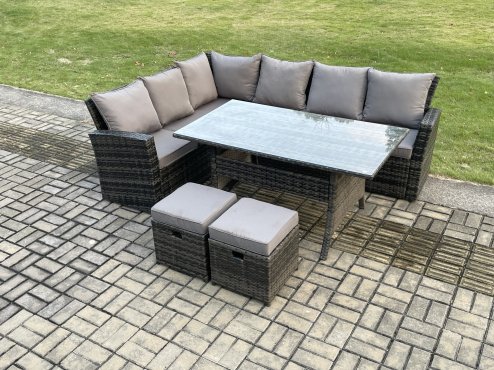 Fimous 8 Seater Garden Rattan Furniture Corner Dining Set with 2 Small Footstools Indoor Outdoor Lounge Sofa Set