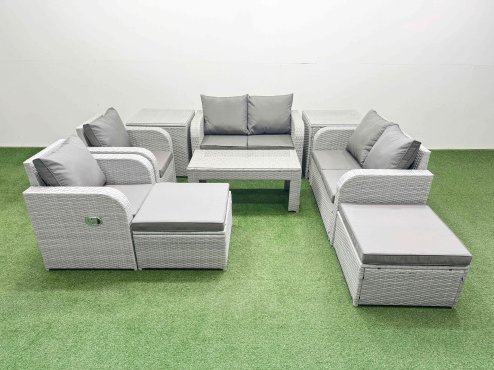 Fimous 8 Seater Outdoor Reclining Chair Love Sofa Set Rattan Garden Furniture Set with Oblong Coffee Table 2 Big FootStools 2 Side Table Light Grey