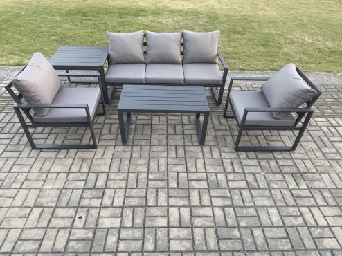 Fimous Aluminium Outdoor Garden Furniture Set Patio Lounge Sofa with Oblong Coffee Table 2 Armchairs Side Table Dark Grey