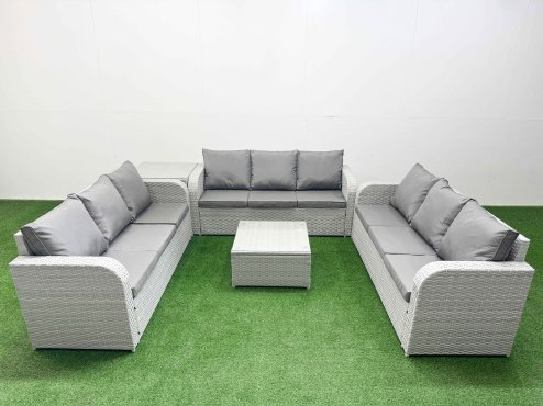 Fimous PE Rattan Lounge Sofa Set 9 Seater Outdoor Garden Furniture Set with Square Coffee Table 3 Seater Sofa Side Table Light Grey