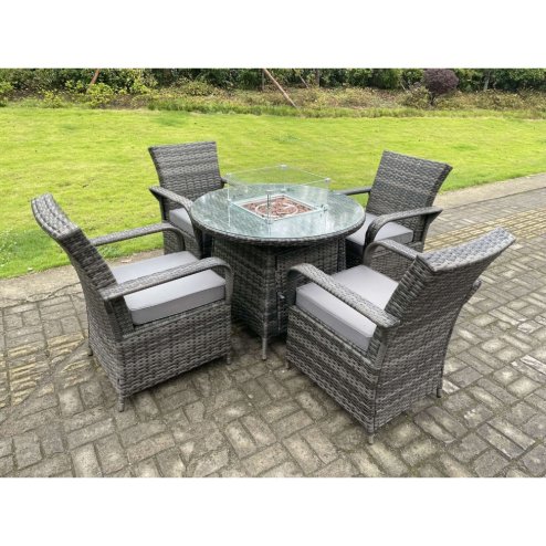 Fimous Rattan Garden Furniture Gas Fire Pit Round Dining Table Gas Heater And Dining Chairs 4 Seater