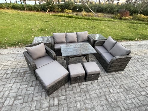 Fimous 9 PCS Outdoor Lounge Sofa Set Wicker PE Rattan Garden Furniture Set with Rectangular Dining Table Armchair 3 Footstools Dark Grey Mixed