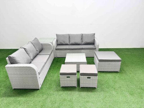 Fimous Outdoor Garden Furniture Sets 9 Seater Wicker Rattan Furniture Sofa Sets with Square Coffee Table high Back Lounge Sofa 3 Stools Side Table Light Grey