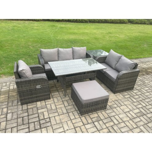Fimous 7 Seater Garden Rattan Furniture Dining Table Sofa Set Indoor Outdoor with Reclining Chairs Big Footstool Side Table Dark Grey Mixed