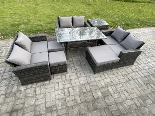 Fimous Wicker PE Rattan Garden Furniture Sets Outdoor Lounge Sofa Set with Oblong Dining Table Double Seat Sofa 3 Footstools Side Table Dark Grey Mixed