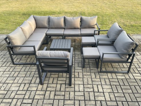 Fimous 11 Seater Aluminium Garden Furniture Set Outdoor Lounge Corner Sofa 3 Pcs Chair Square Coffee Table Sets with 2 Small Footstools Dark Grey