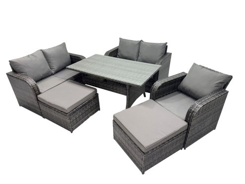 Fimous Wicker PE Rattan Garden Outdoor Furniture Set Love Sofa Dining Table Sets with 2 Big Stools Dark Grey Mixed