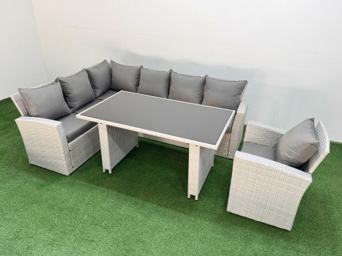 Fimous 7 Seater Wicker Rattan Corner Sofa Sets Outdoor Garden Furniture Sets with Rectangular Dining Table Lounge Sofa Armchair Light Grey