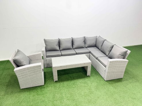 Fimous Rattan Garden Furniture Set 4 Pieces Outdoor Garden Sofa Oblong Coffee Table Set with Chair Light Grey Mixed