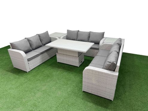 Fimous PE Rattan Lounge Sofa Set 9 Seater Outdoor Garden Furniture Set with Adjustable Lifting Dining or Coffee Table 3 Seater Sofa 2 Side Table Light Grey