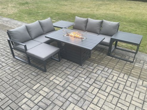 Fimous Aluminium 7 Seater Outdoor Garden Furniture Lounge Sofa Set Gas Fire Pit Dining Table with Big Footstool 2 Side Tables Dark Grey