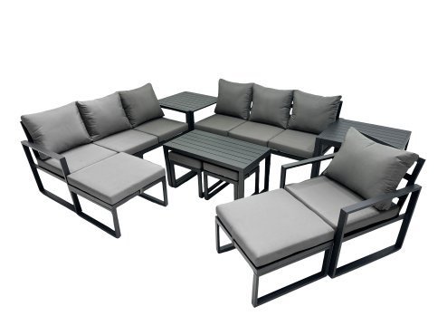 Fimous Outdoor Garden Furniture Set Aluminium Lounge 3 Seat Sofa Oblong Coffee Table Sets with Chair 4 Stools 2 Side Tables Dark Grey
