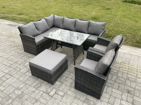 Fimous 9 Seater Rattan Garden Furniture Sets High Back Corner Sofa Rectangular Dining Table Set with Big Footstool 2 Armchairs Dark Grey Mixed