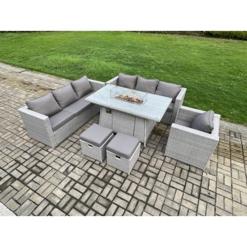 Fimous 9 Seater Outdoor Garden Dining Sets Rattan Furniture Gas Fire Pit Dining Table Gas Heater with Armchair 2 Small Footstools Light Grey