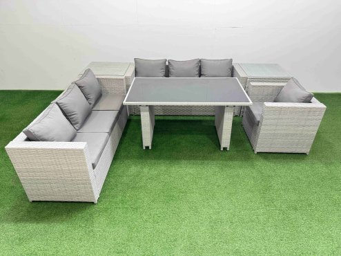 Fimous Patio Garden Furniture Sets with Black Glass Top Dining Table 3 Seater Sofa Armchair 2 Side Tables Light Grey