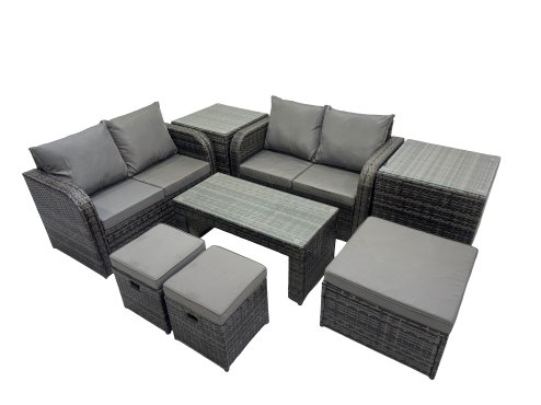 Fimous 3 Seater Sofa Reclining Chair Coffee Table Set Rattan Garden Outdoor Furniture Set with 2 Side Tables 3 Stools Dark Grey Mixed