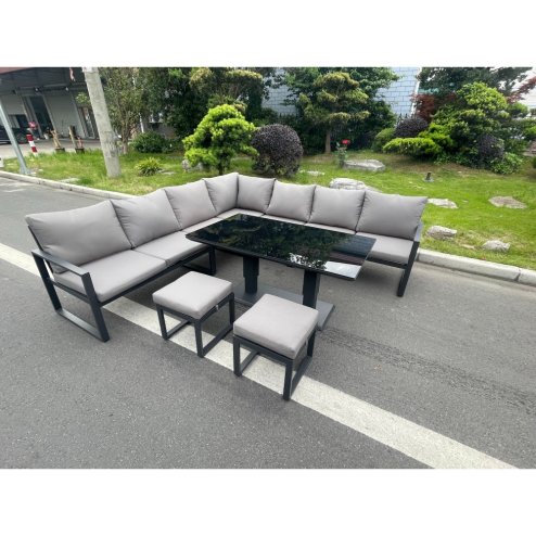 Fimous Aluminum Outdoor Garden Furniture Corner Sofa Adjustable Rising Lifting Dining Table Sets Black Tempered Dark Grey 9 Seater