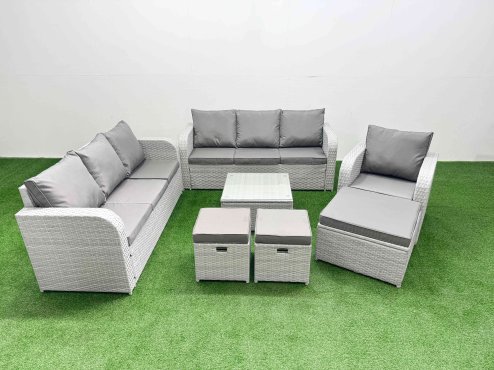 Fimous 10 Seater Poly Rattan Outdoor Garden Furniture Square Coffee Table Sofa Set Patio 3 Seater Sofa Reclining Chair 3 Seater Sofa 3 Stools Light Grey