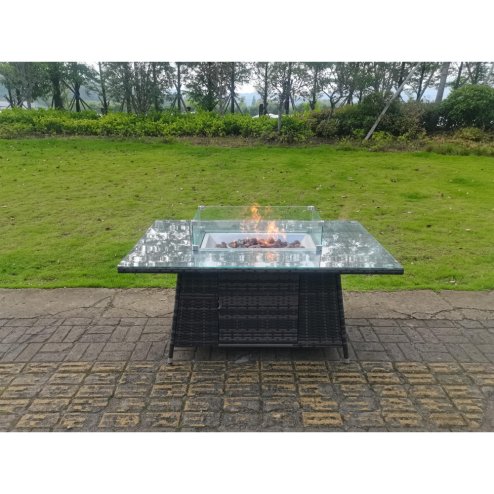 Fimous Outdoor Rattan Garden Corner Furniture Gas Fire Pit Dining Table Gas Heater Sets Lounge Chairs Side Coffee Table Dark Grey 8 Seater