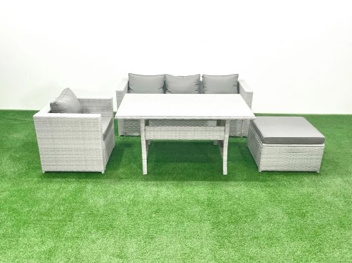 Fimous Garden Dining Set Outdoor Rattan Furniture Set with Sofa Dining Table Big Footstool Light Grey Mixed